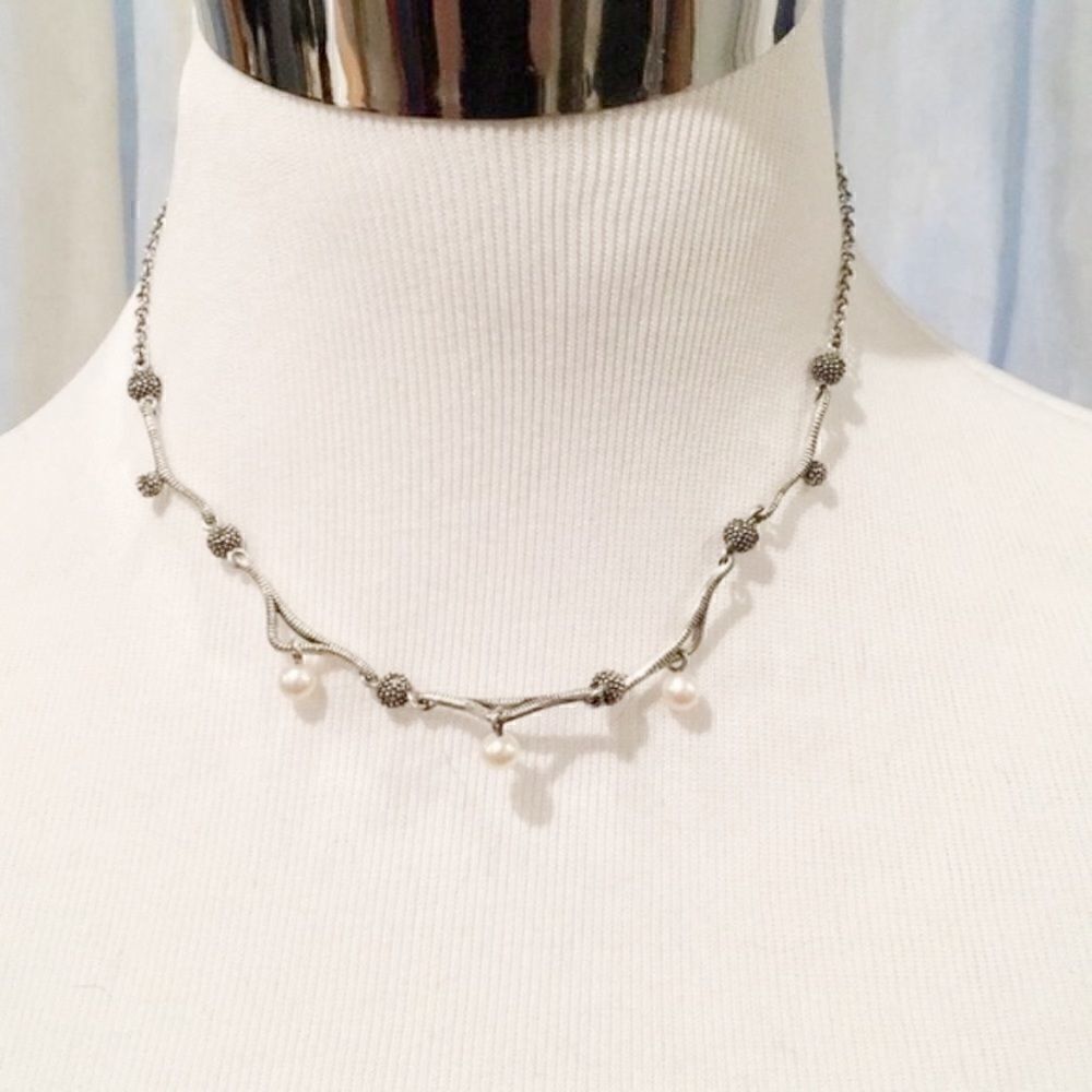 Sterling silver freshwater pearl marcasite necklace